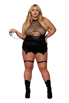 Dreamgirl - Dreamgirl Fetish Plus Size Stretch Faux-Leather and Fishnet Garter Slip and Leash Set  - DG13295X
