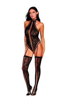Dreamgirl - Dreamgirl Women's Fishnet and Lace Bandeau Bralette with Matching High-Waisted Garter Panty and Stockings - DG0329