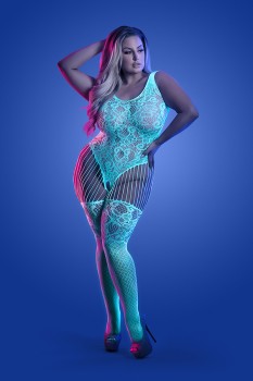 Fantasy Lingerie - ILLUMINATE Glow-in-the-dark crotchless teddy bodystocking (glows blue) - FL-GL2136