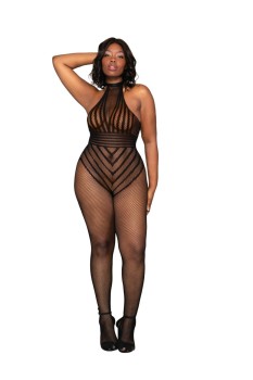 Dreamgirl - Dreamgirl Women's Plus Size Open Crotch Fishnet Bodystocking with Halter Neck & T-Back Strap - DG0402X
